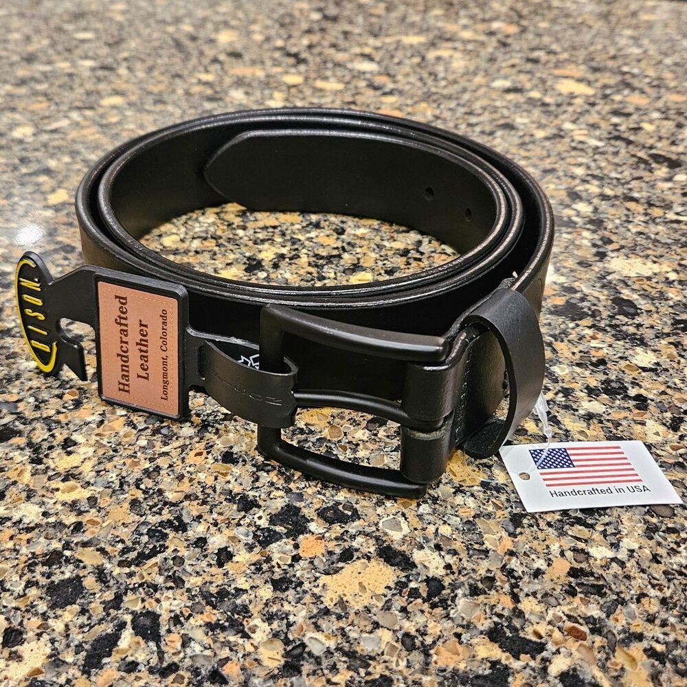 Mens Bison Designs Black Leather Belt 38mm – Box Canyon Black Buckle Size 42 USA